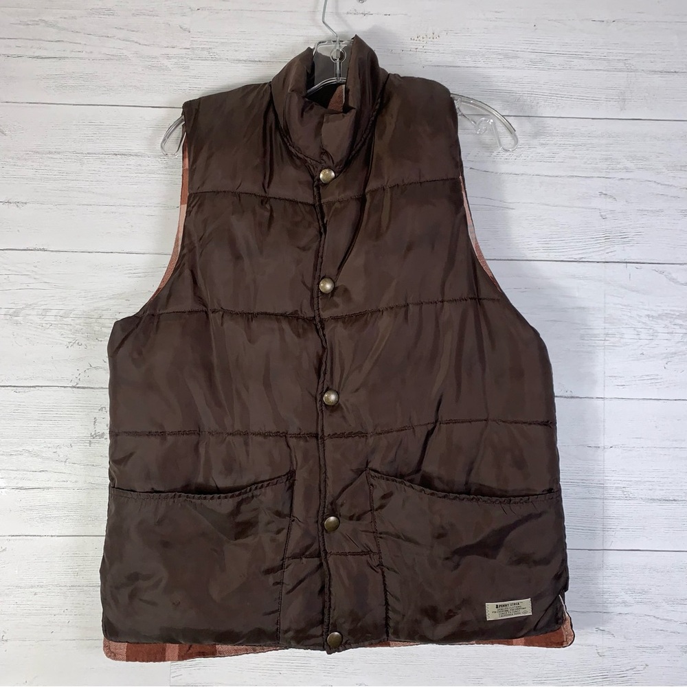 Penny Stock Men's M Penny Puffer Vest Brown Flannel Plaid Lined Warm